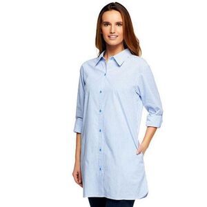 Denim & Co Women 3X Button Front Long Top Blue White Stripe Roll Tab Sleeve NWT